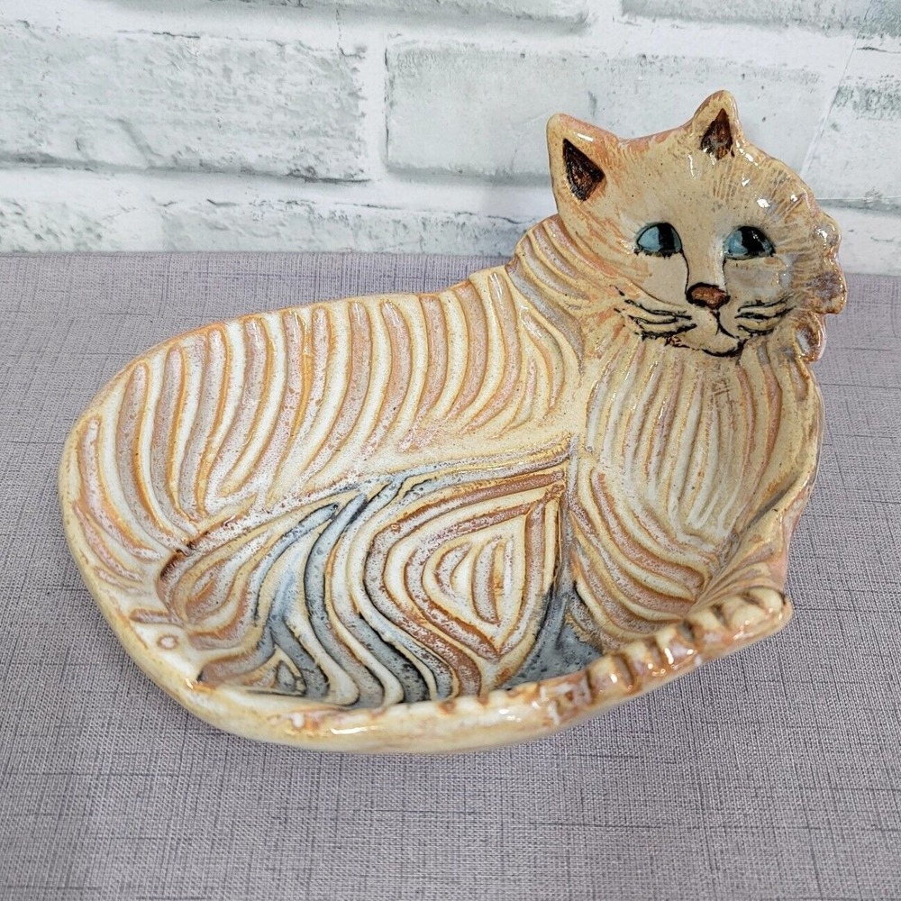 Quyle Kilns Murphys CA Handmade Stoneware Cat Dish Trinket Bowl Signed